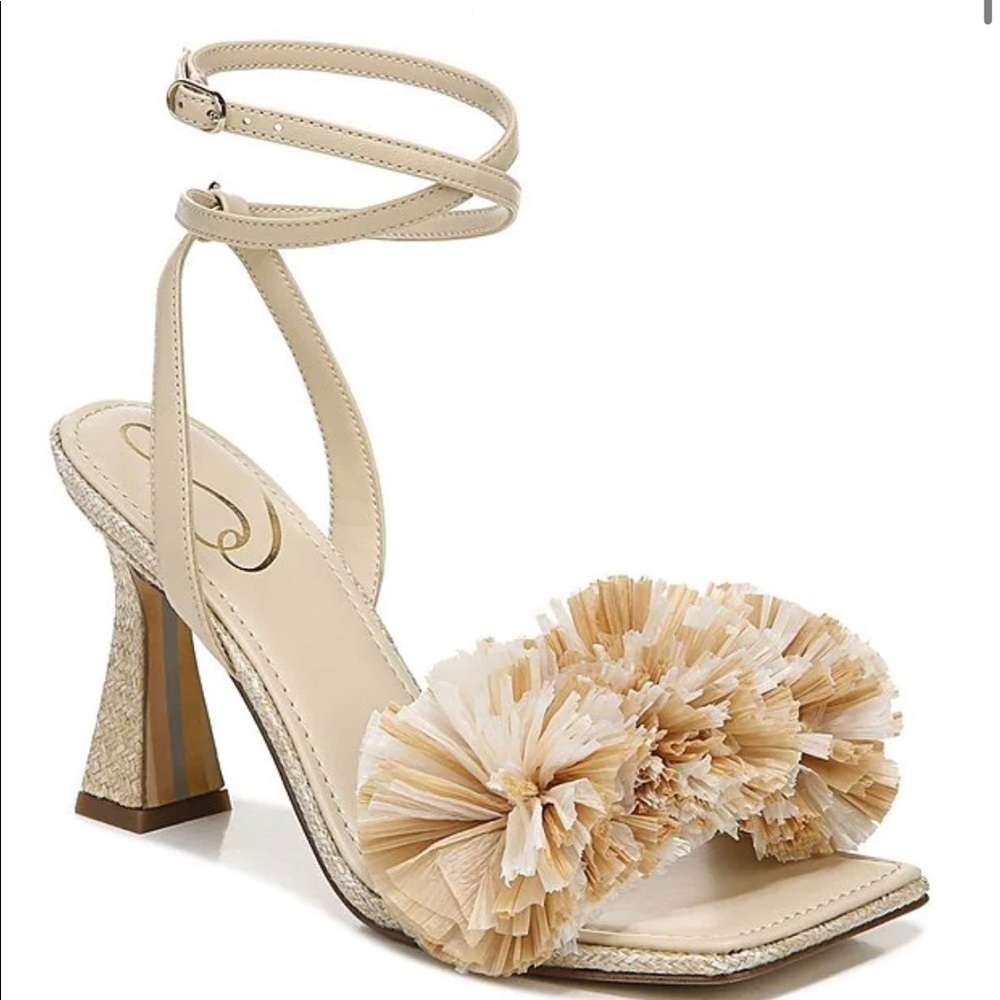 Sam Edelman | Clare Leather and Pom Pom Raffia Ankle Strap Dress Sandal Heels